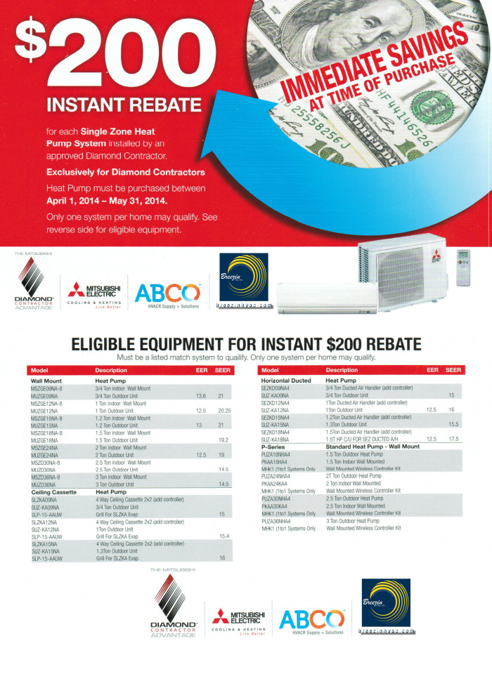 Mitsubishi Electric 200 Instant Rebate Single Zone Heat Pump 