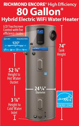 Richmond Wi Fi 80 Gallon Electric Water Heater With Hybrid Heat Pump 