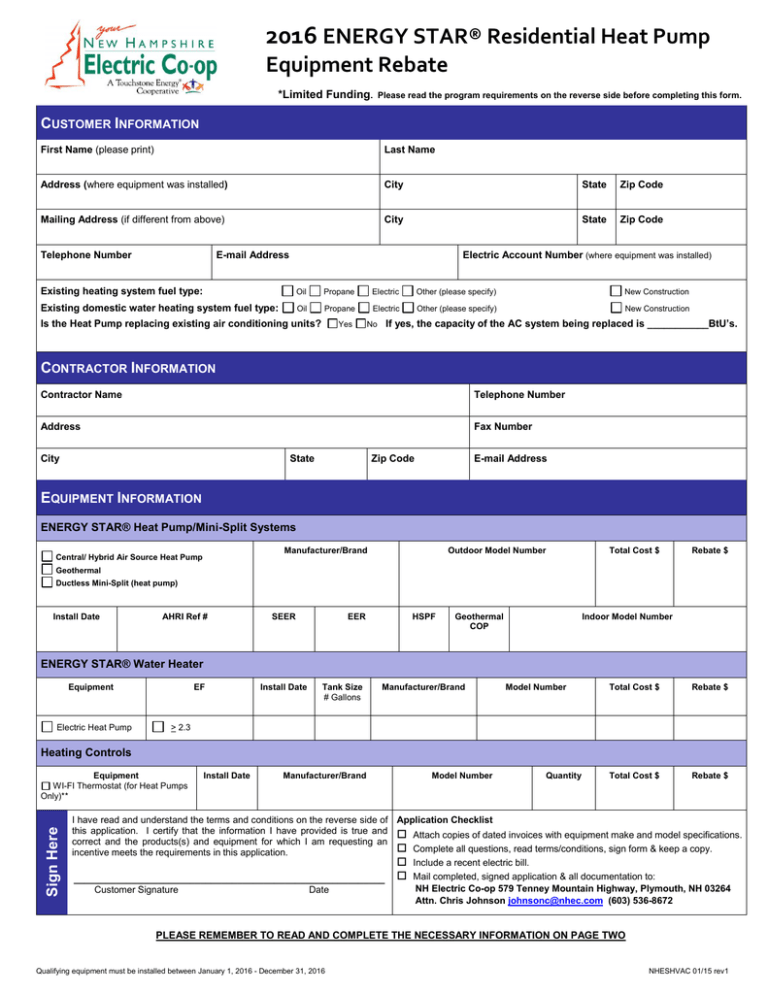 2016 ENERGY STAR Residential Heat Pump Equipment Rebate