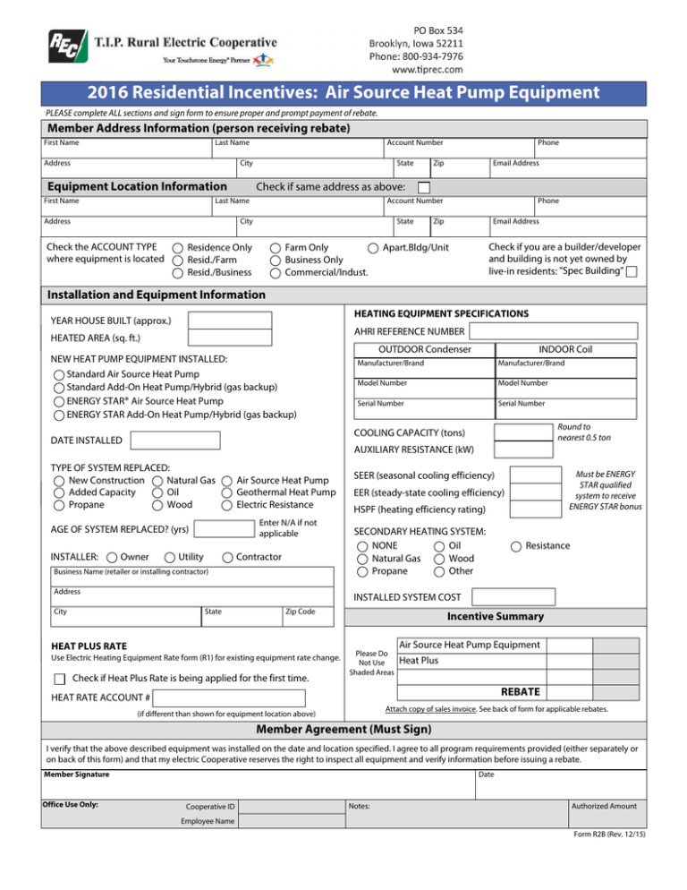 2016 Residential Incentives Air Source Heat Pump Equipment