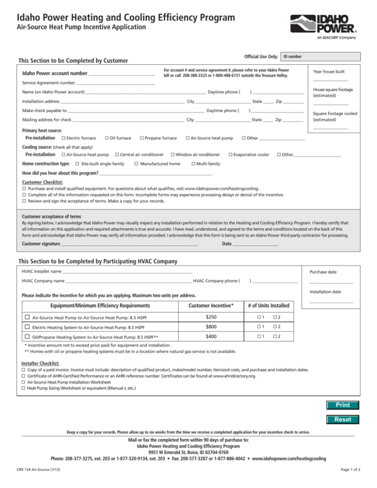 Air Source Heat Pump Incentive Application