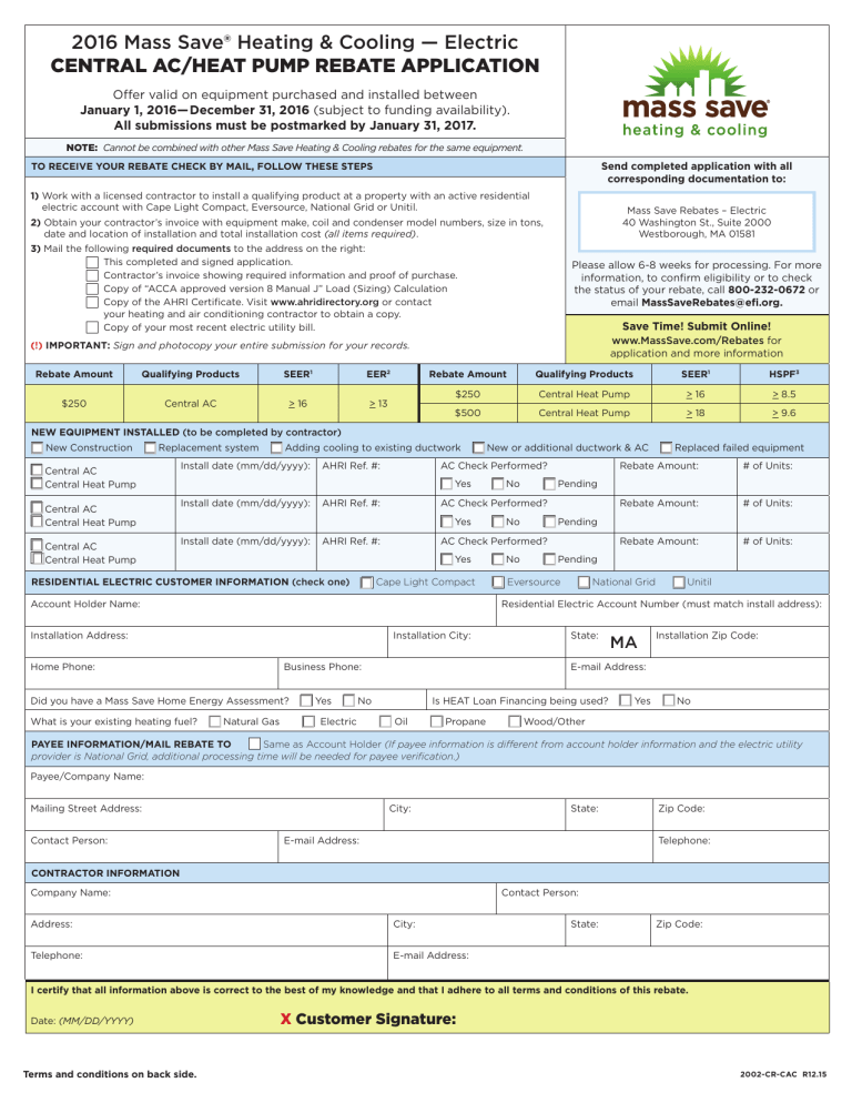 Electric CENTRAL AC HEAT PUMP REBATE