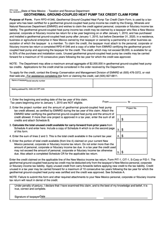 Form Rpd 41346 Geothermal Ground Coupled Heat Pump Tax Credit Claim